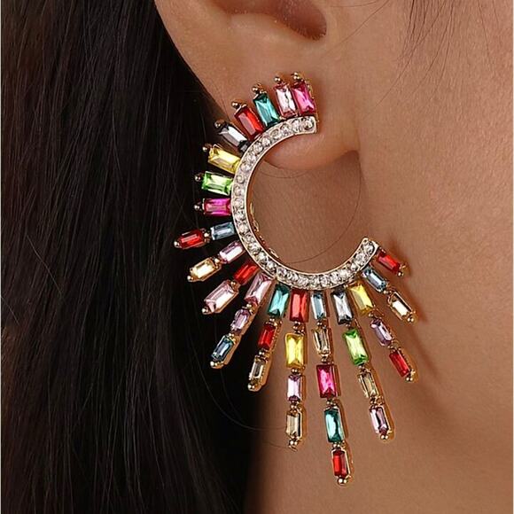 Gold Multicolor Zircon Celestial Statement Earrings - Picture 1 of 5